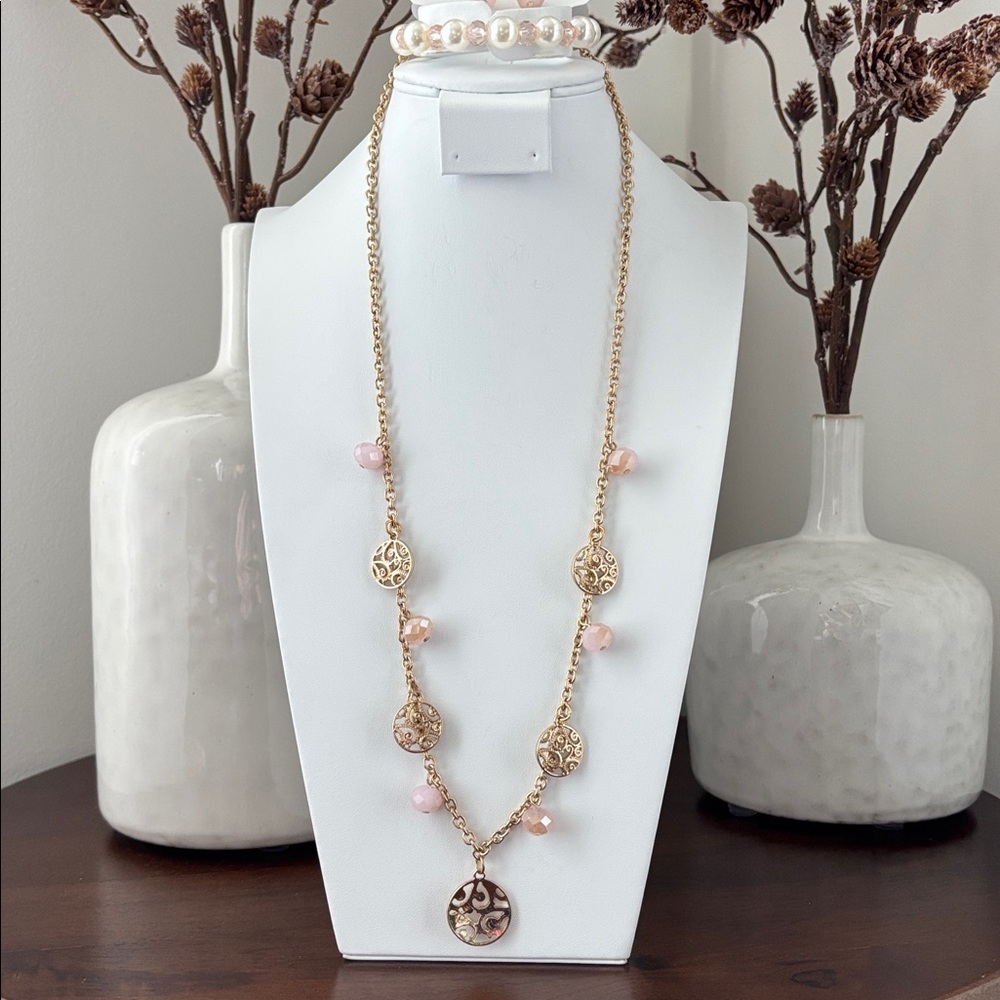 Laura Ford Filagree Goldtone cutout circles,acrylic beveled beads necklace